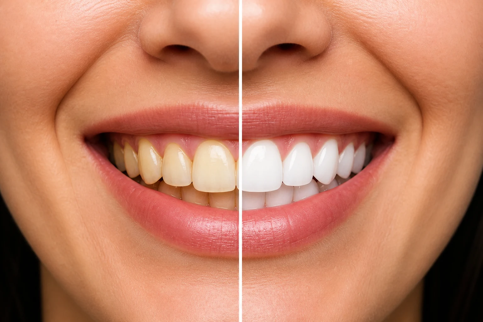 Comparação de um sorriso antes e depois do clareamento dental