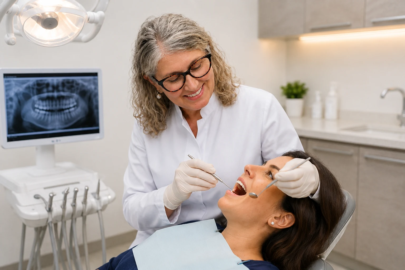Dra. Neiva realizando uma avaliação odontológica em uma paciente